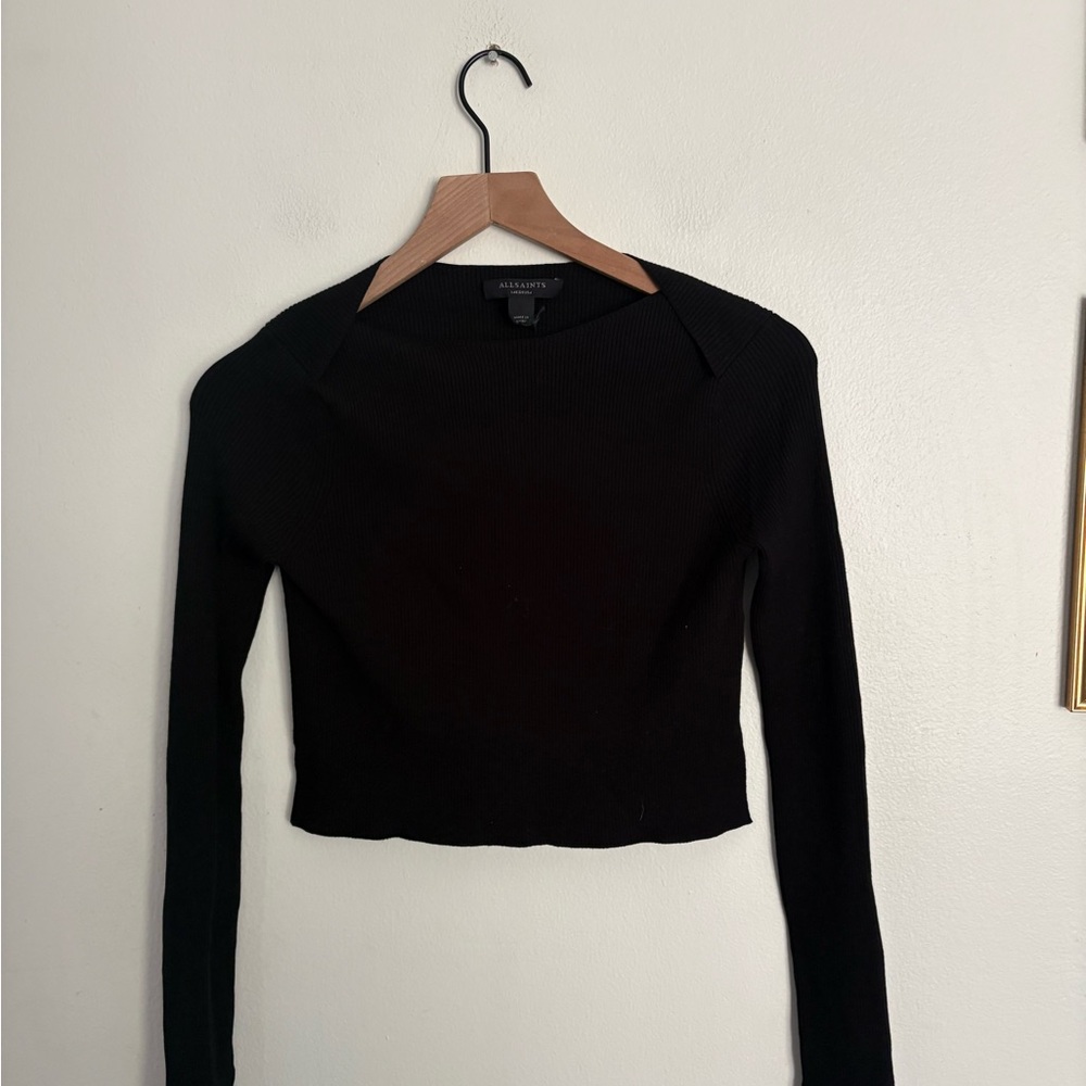 All Saints Black Long Sleeve Square Neck Ribbed Crop Top Women’s Medium Chic BD